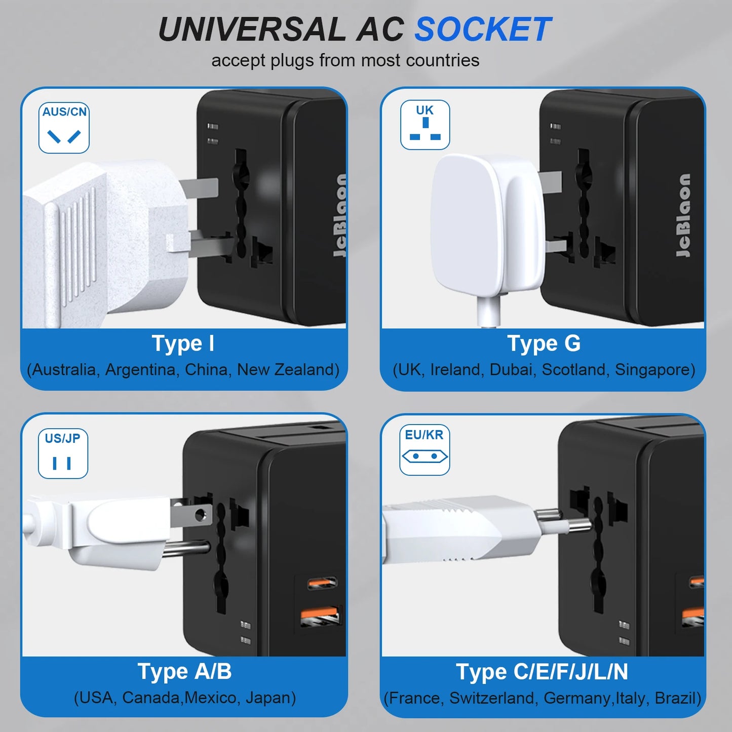 Universal Travel Adaptor AC Power Plug Adapter Wall Charger with USB-C and USB-A Charging Ports for USA EU UK AUS