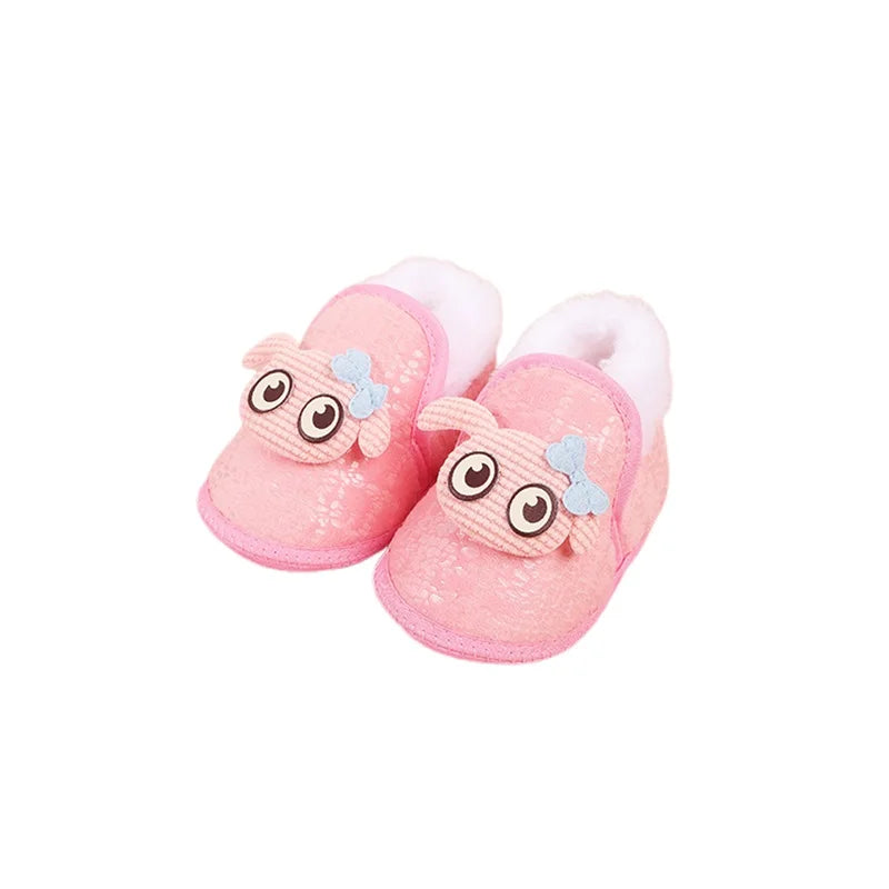 Adorable Baby Girls Plush Shoes with Cute Cartoon Design Big Eyes Warm Fleece Lining Non-Slip Sole for First Steps