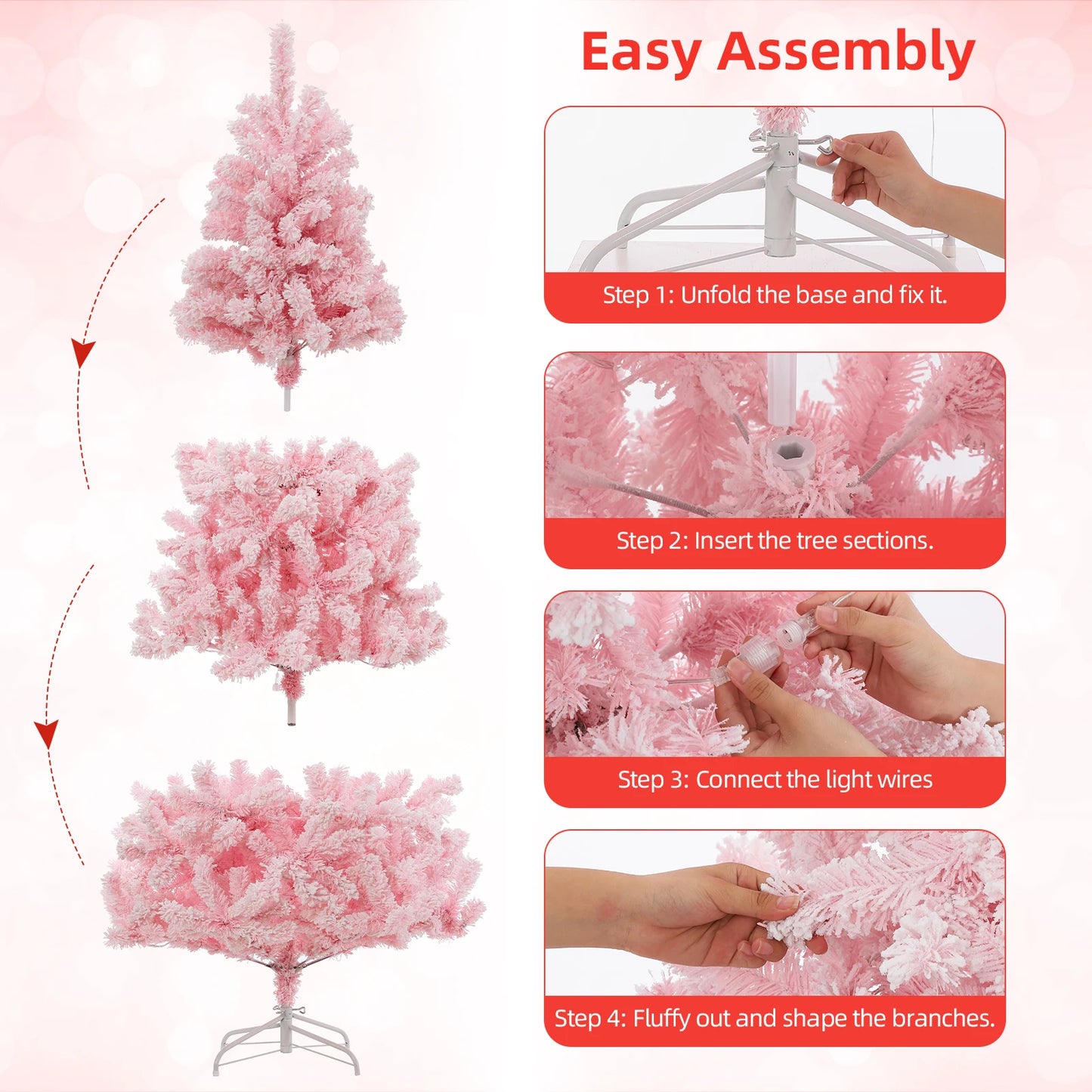 6Ft Pre-lit Pink Artificial Christmas Tree, Snow Flocked Faux Xmas Pine Tree with 250 Multi Color LED Lights, 751 Branch Tips
