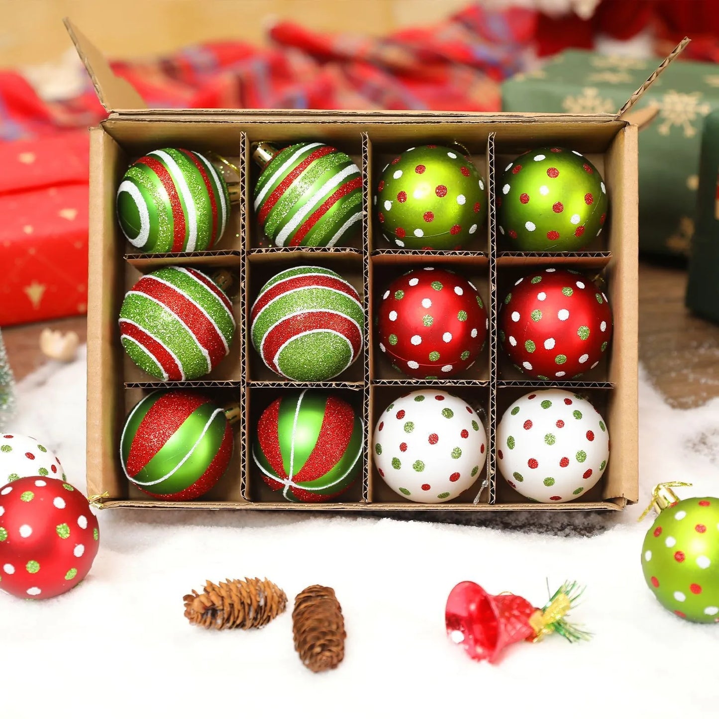 12pcs Christmas Ball Ornaments Glittering Plastic Hanging Decorations Balls Candy Cane Red And Green Christmas Tree Pendants