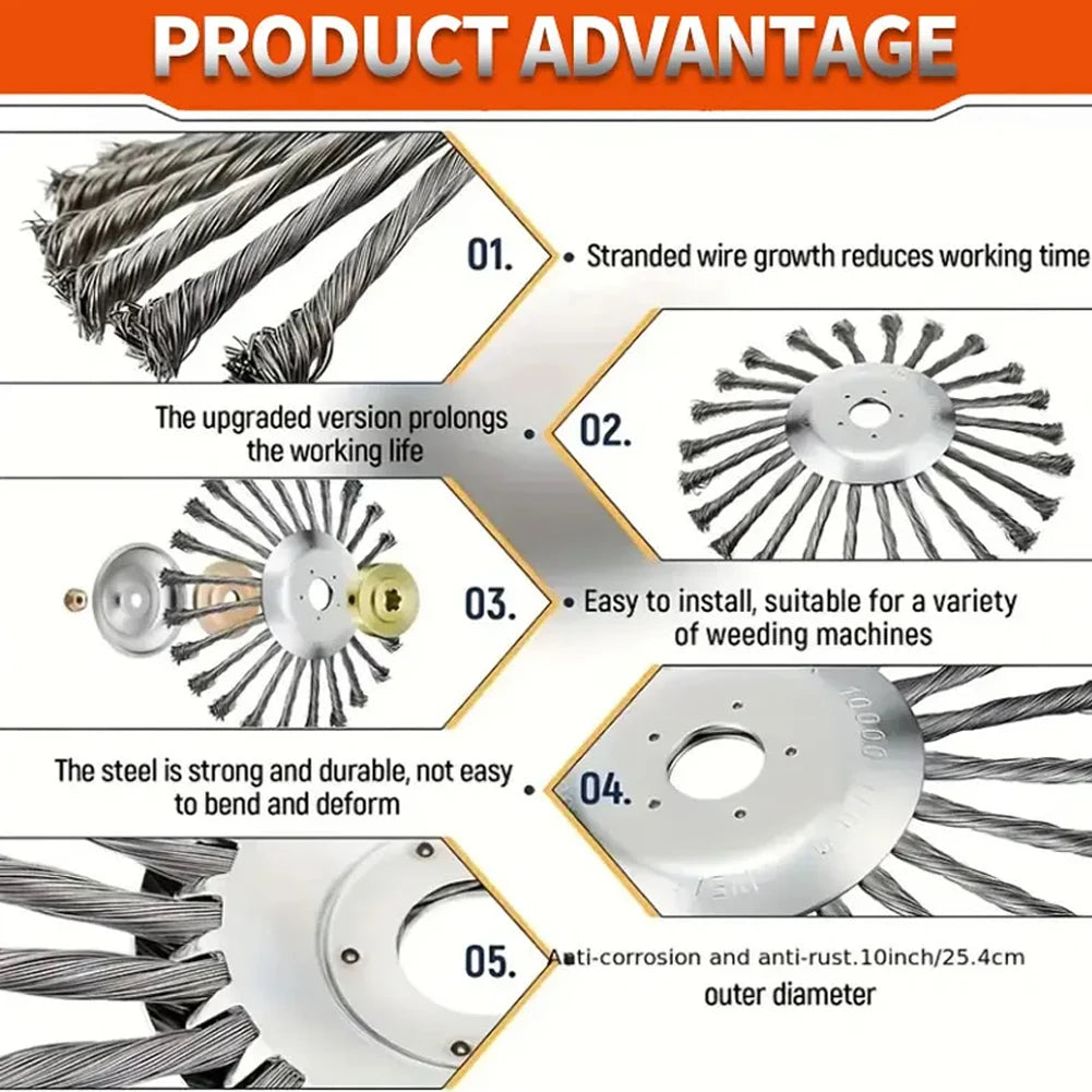 Universal 10inch Knot Steel Wire Grass Trimmer Head Steel Wire Wheel Weed Brush Cutter Head Lawn Mower Brush Cutter Accessories