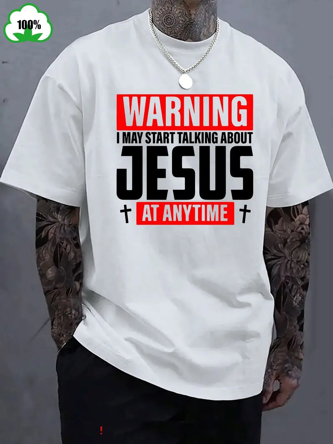 Warning: I Might Start Talking About Jesus Anytime Printed T-Shirt, Men'S Crew Neck Short Sleeve T-Shirt