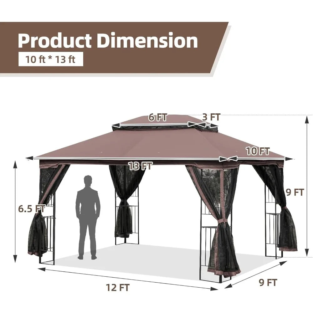 10' X 13' Outdoor Gazebo, Soft Double Roof Canopy Tent with Mosquito Netting, Party Tent Shelter with Corner Frame Shelves for