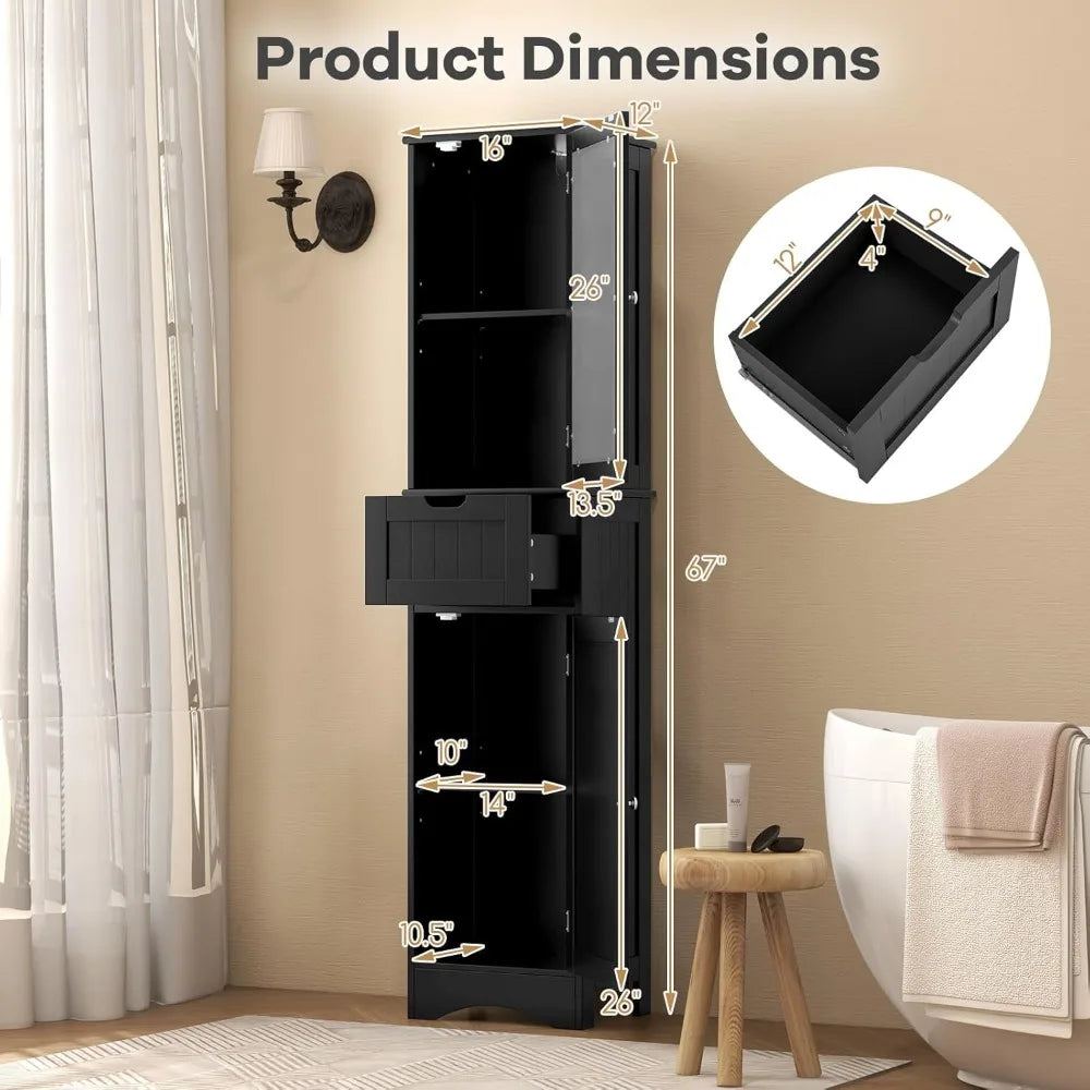all Bathroom Storage Cabinet, Slim Freestanding Tower w/ 2 Doors & 1 Drawer, Narrow Floor Cabinet w/Adjustable