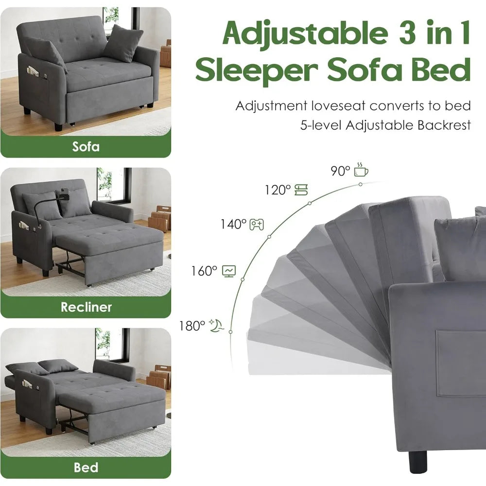 Sleeper Sofa Bed, 3 in 1 Convertible Sleeper Couch Bed Pull Out, Small Loveseat Sleeper Sofa, Futon Sofa Bed Full Size, 46" Velv