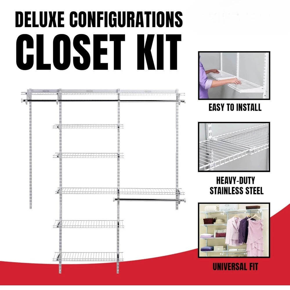 NEW-Configurations Deluxe Custom Closet Kit 3-6 Ft.Adjustable Metal Wire Shelving White Finish Expandable Organization System