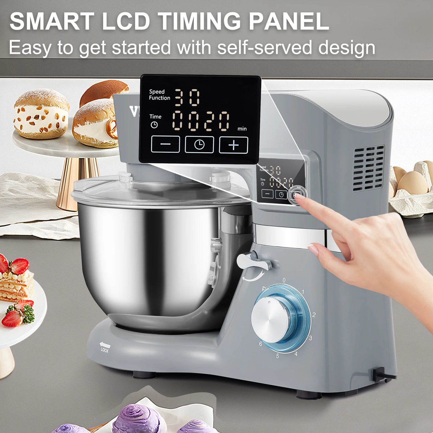 SucceBuy 5.5/7LElectric Stand Mixer with 6Speeds LCD Screen Timing Food Mixer Cream Egg Whisk Whip Dough Kneader With Steel Bowl