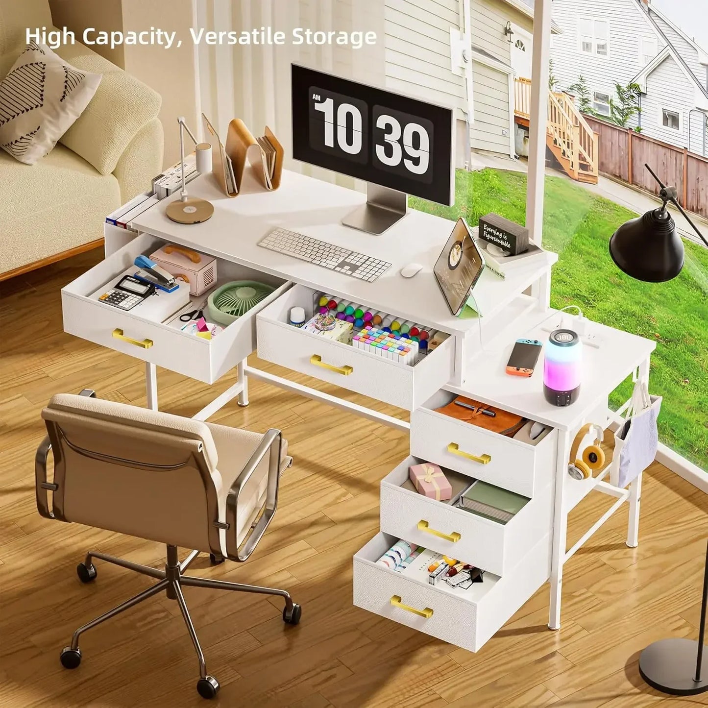 Computer Desk with Charging Station, Home Office Desks with Fabric Drawer File Cabinet Printer Stand, Vanity Desk, White