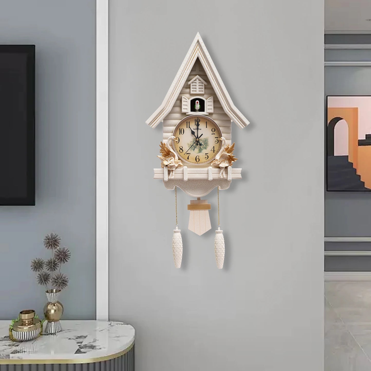 White Cuckoo Wall Clock Antique Battery Operated Creative Wall Clock 12.8*4.33*27.2in