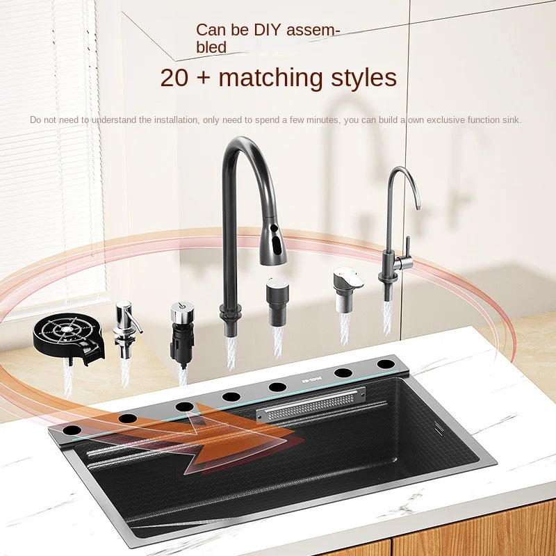 Easy Clean Digital Display Extra Large Single Bowl Hot Sale Stainless Steel Waterfall Kitchen Sink Home Vegetable Washing Sink