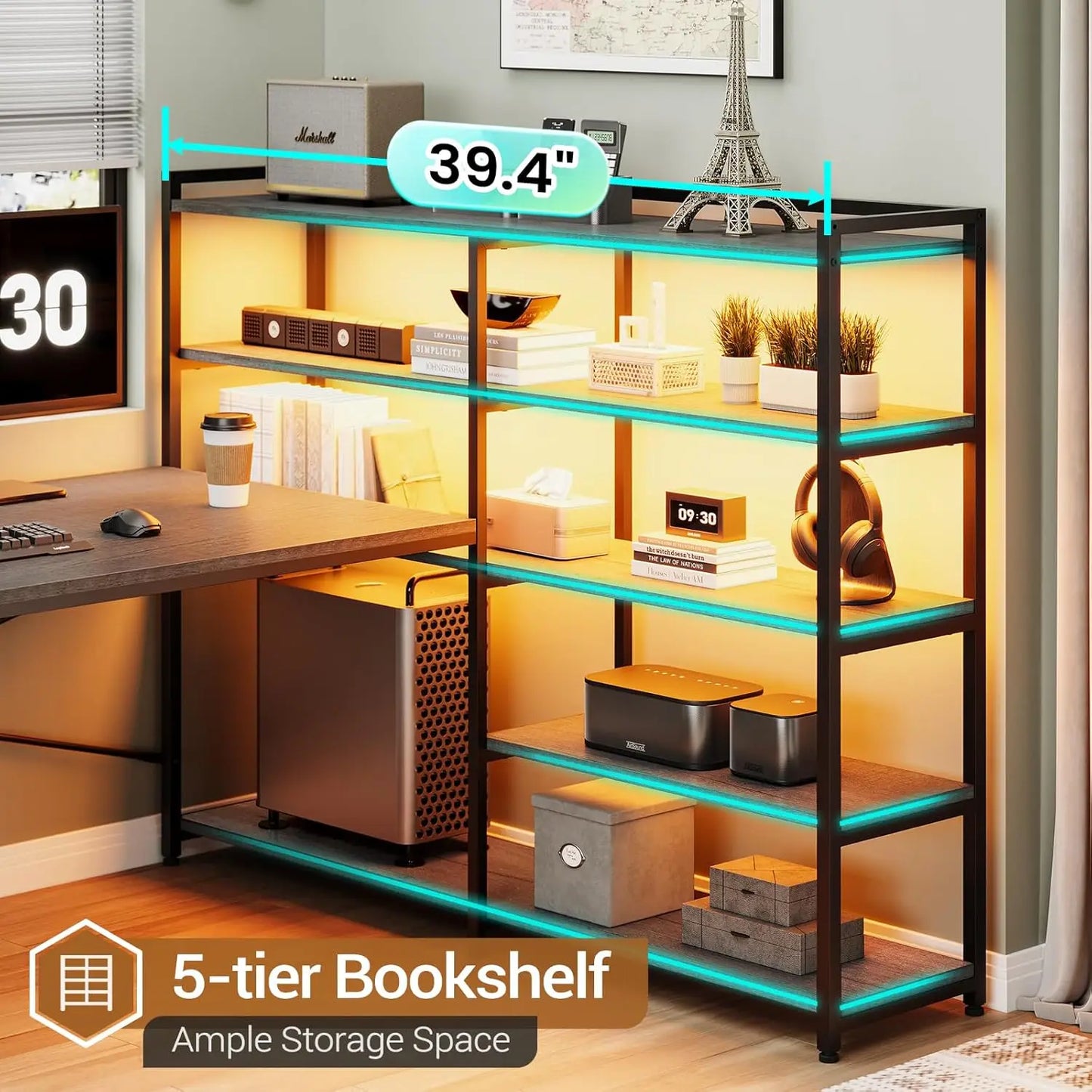 Computer Desk, Reversible U Shaped Office Desk with 3 Fabric Drawers and Power Outlet, Corner Gaming Desk with LED Lights