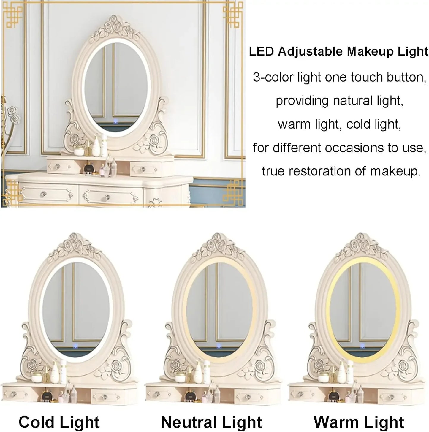 Makeup Vanity with LED 3-Color Touch Light Mirror,Makeup Desk with Cushioned Stool,White Makeup Vanity with Storage for Women