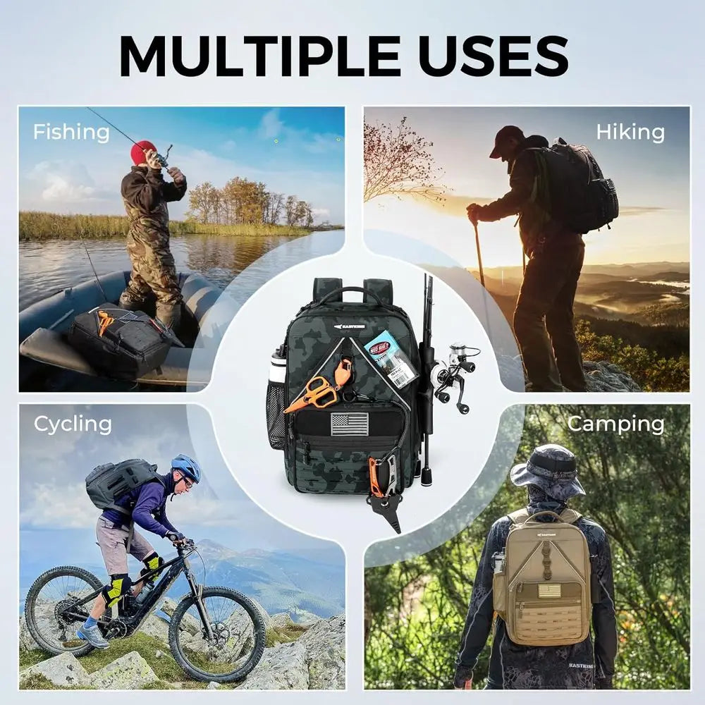 Water-Resistant Fishing Tackle Backpack with 2 Rod Holders and Large Storage, Camouflage Design