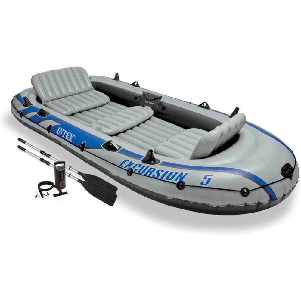 Excursion 5 Person Inflatable Outdoor Fishing Raft Boat Set with 2 Aluminum Oars and Air Pump with a Composite Motor Mount Kit