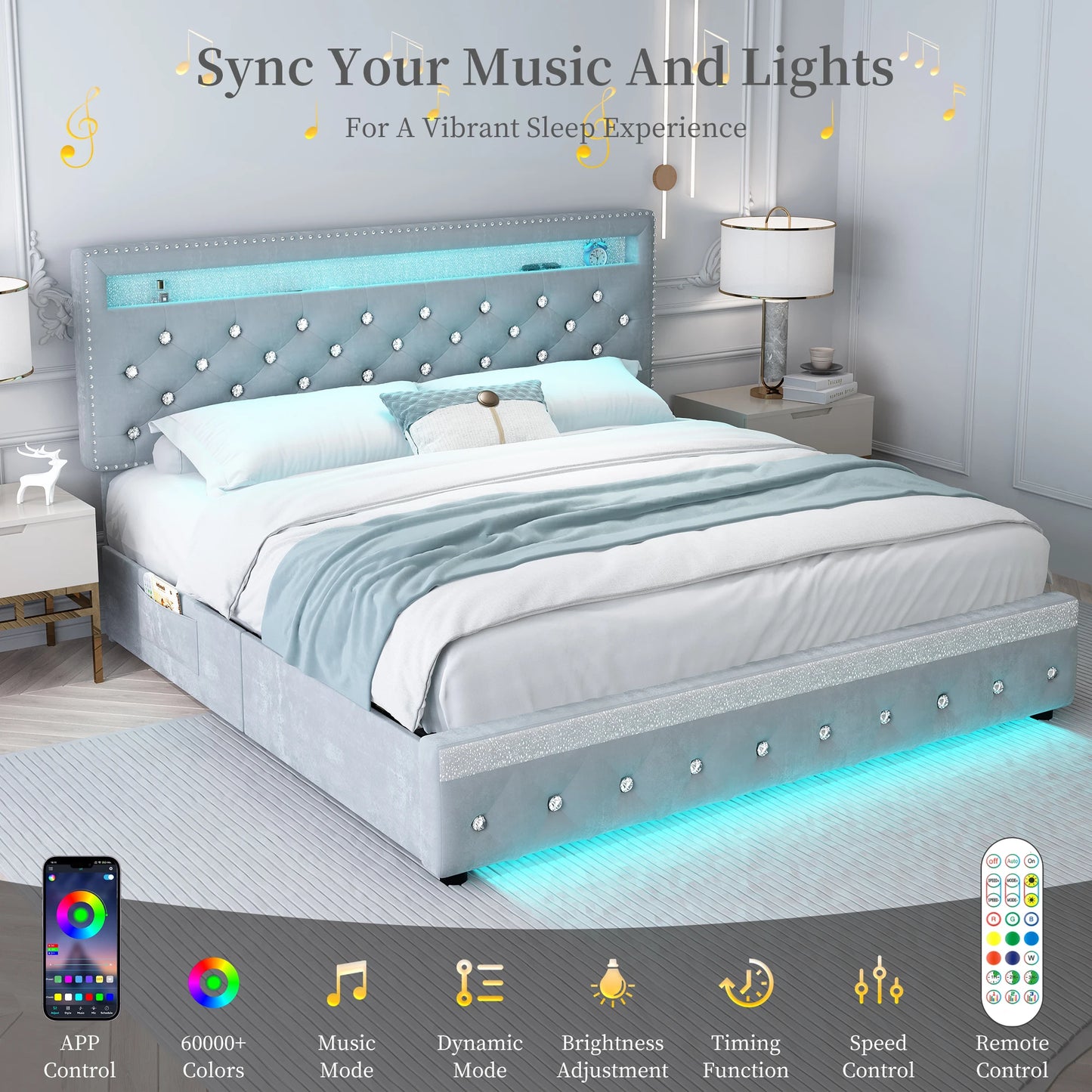 Full Size LED Bed Frame with 2 Drawers, Heavy Duty, Adjustable Crystal Tufted Headboard, No Box Spring, Velvet, Cream/Grey