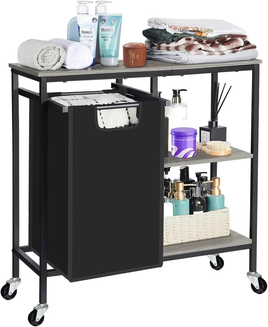 Pull-Out Laundry Basket with Shelf and three Shelf,Laundry Basket Organizer Section with Removable Laundry Bags for clothes