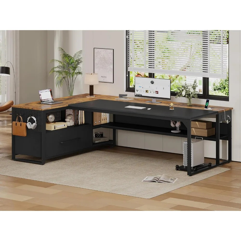 "Reversible L-Shaped Corner Desk for Executives with Spacious File Drawers and Integrated Power Outlets"