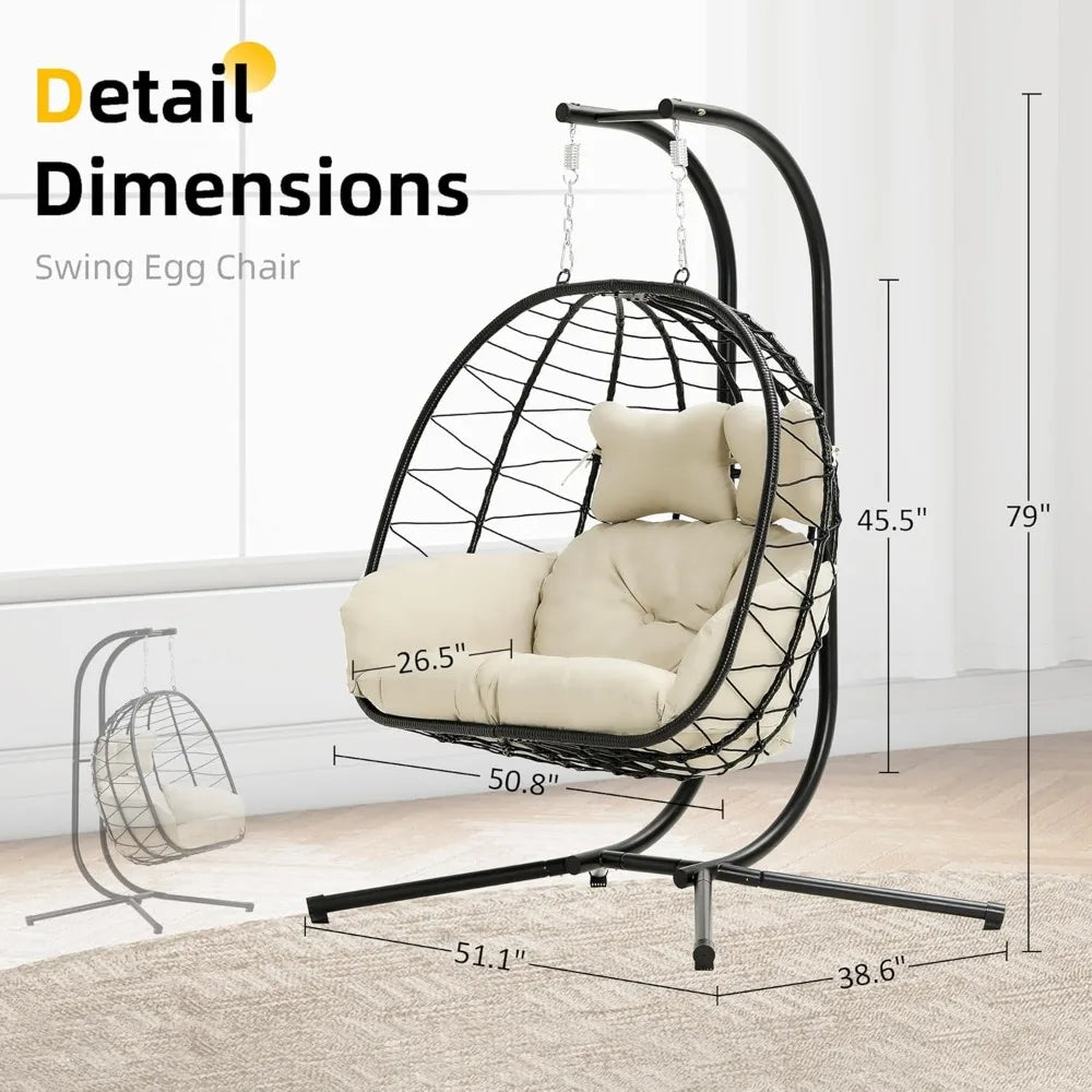 Double Egg Chair wth Stand Hammock Swing Chair Foldable Hanging Loveseat, UV Resistant Removable Cushions, 700LBS Capacity for B