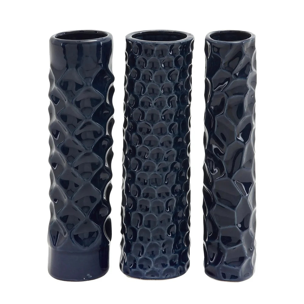 Set of 3 Dark Blue Ceramic Vases Tall Round Cylinder Design Geometric Pattern Stoneware Home Decor Accent Pieces Indoor Use