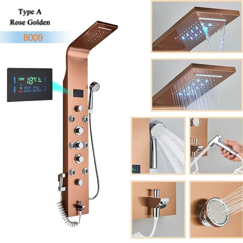 Luxury Bathroom Shower Panel Waterfall Rainfall Shower Head Hot Cold Mixer Tap Bidet Faucet with Handshower Massage Jets Spout