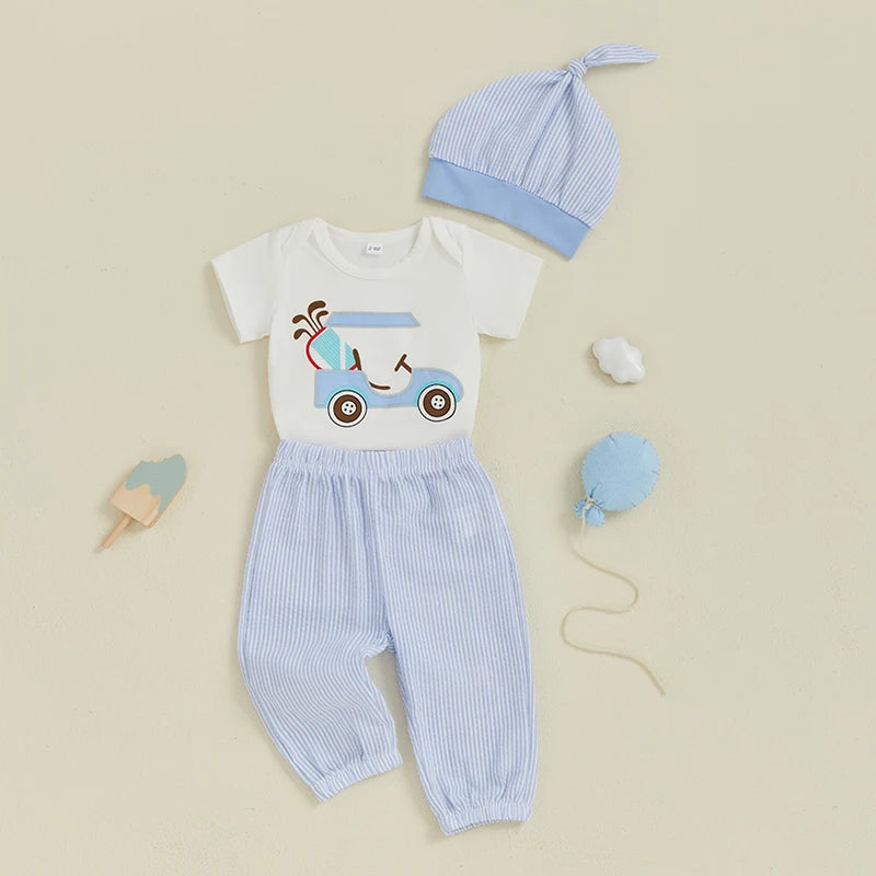 Infant Baby Boys Girls Summer Outfits Golf Cart Print Short Sleeve Romper with Stripe Pants and Hat 3 Pcs Set