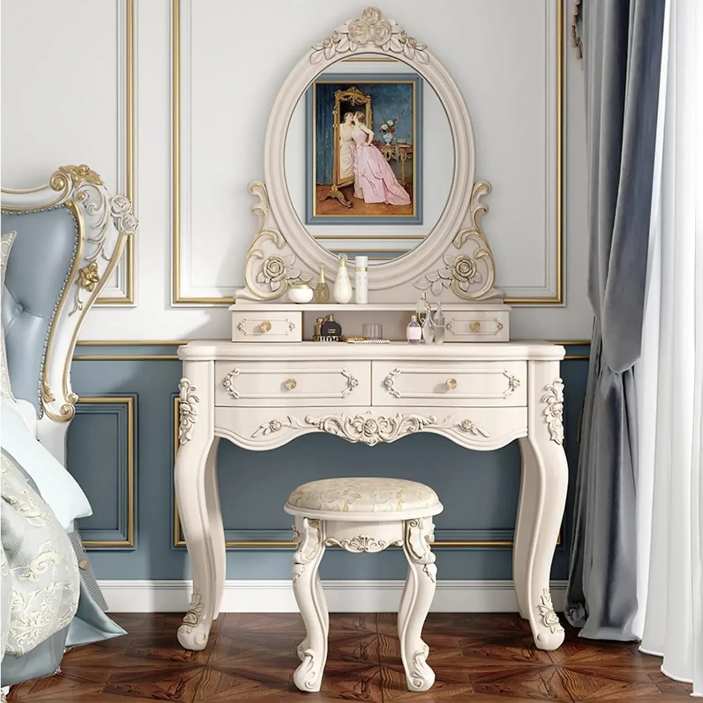 Makeup Vanity with LED 3-Color Touch Light Mirror,Makeup Desk with Cushioned Stool,White Makeup Vanity with Storage for Women