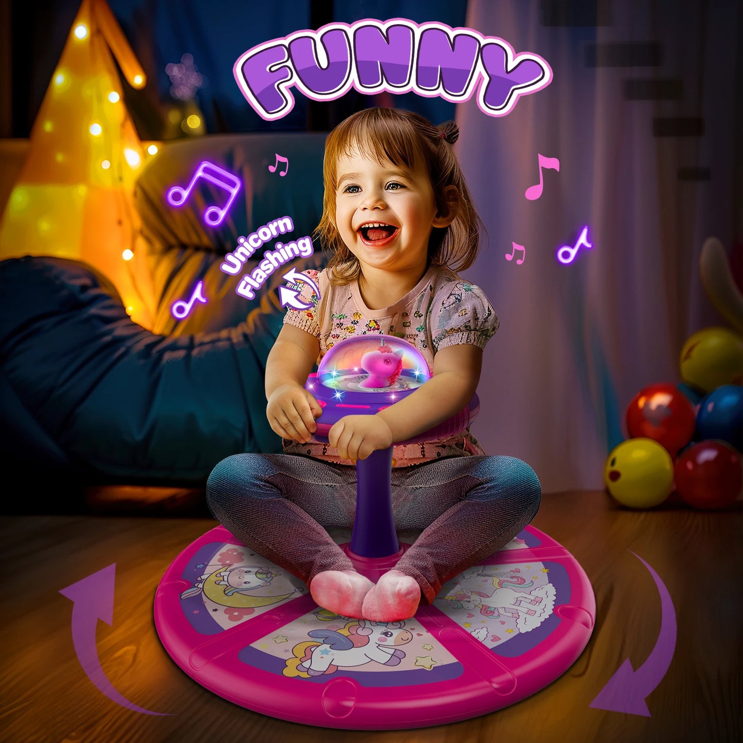 Unicorn Sit and Spin Toy for Kids,360° Spin Seat Kids Indoor Outdoor Interactive Toy with Lights& Music,Xmas Birthday Gift