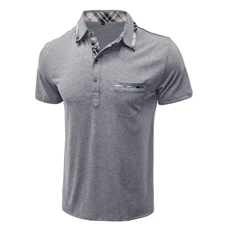 Men Short Sleeve T-Shirts Contrast Plaid Turn-Down Collar Buttons Business Casual Tops Summer Fashion Fit Shirts