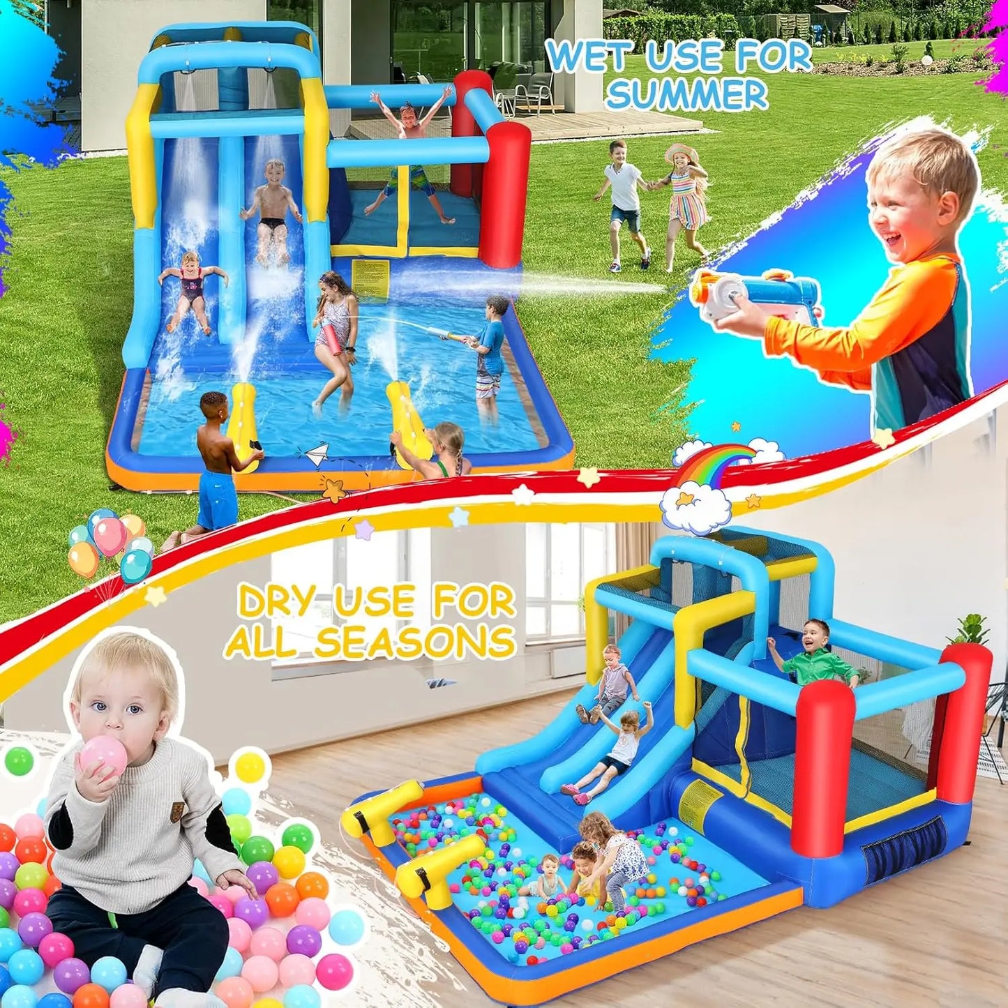 Bounce House with Double Water Slide for Kids Backyard w/Blower, 12x10x6.5 FT Jump and Slide Inflatable Water Park w/ 2 Slides,