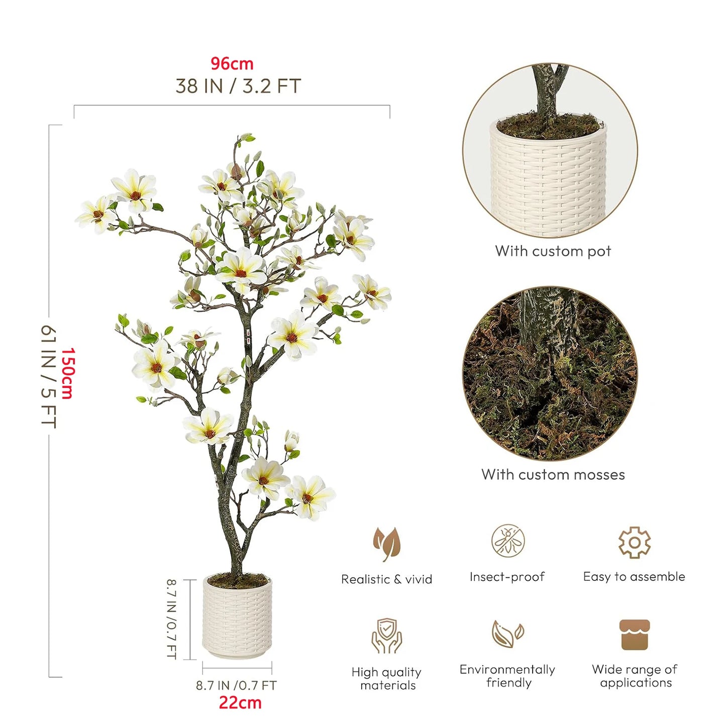 Artificial Magnolia Plant Faux Flower Trees Fake Plants with LED Light for Yard Patio Home Office Arrangement Decor