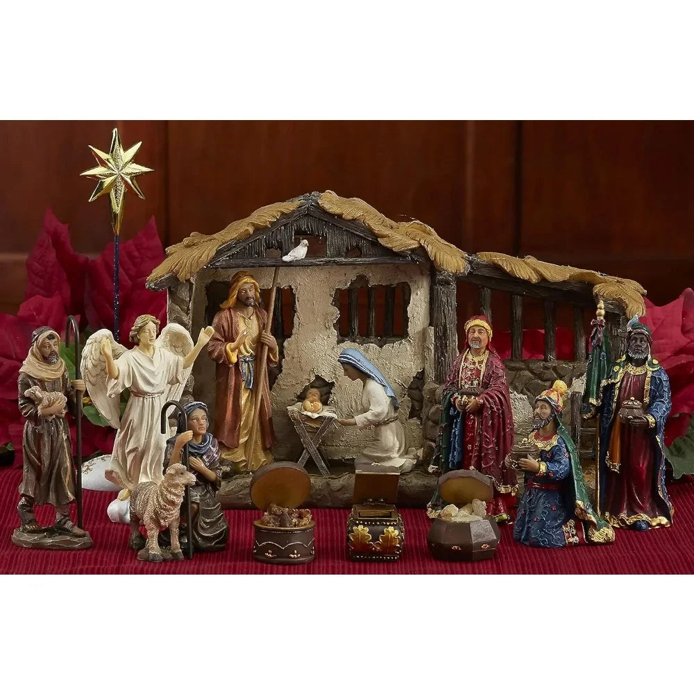 Nativity Set for Christmas Indoor 23 Piece 5 Inch Figures with Lighted Stable, Palm Tree and Chests of Gold, Frankincense