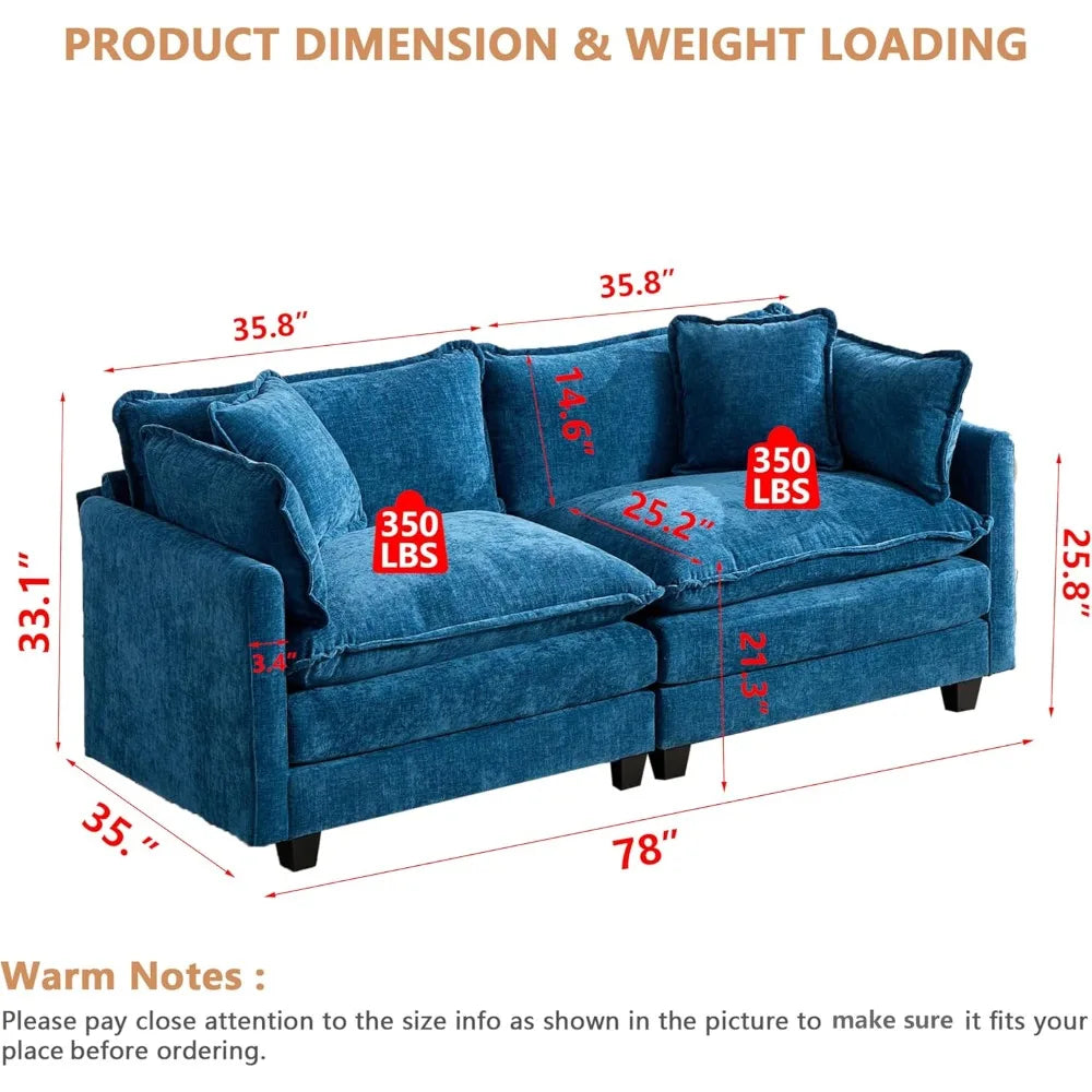 Modular Sectional 2 Seater Cloud Sofa Couch for Living Room,78" Loveseat Couch with Deep Seat,Modern Chenille 2 Seat Sofas,Fluf