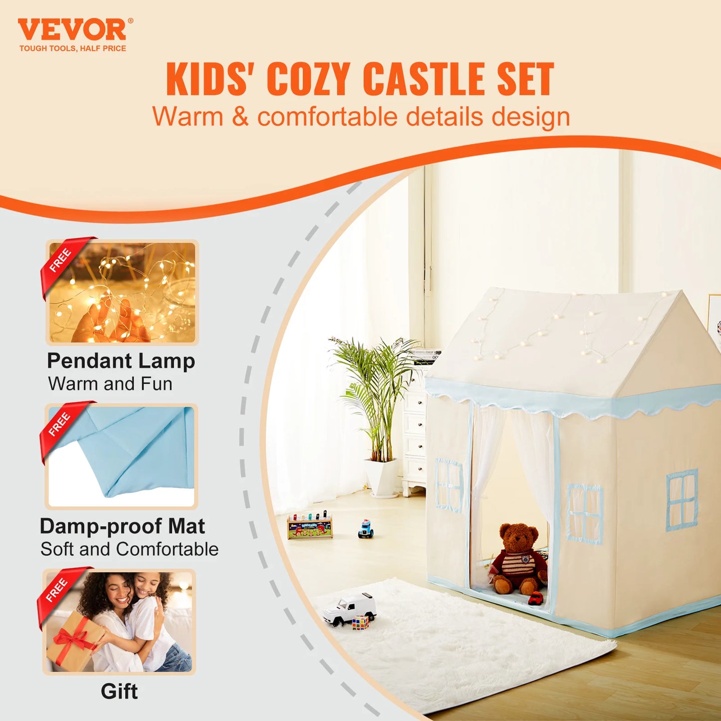 SucceBuy Kid Play Tent Kids Tent for Kids 1-5Year Old Toddler Tent with Mat and Tent Lamp Tent for Kids with Windows Castle Tent