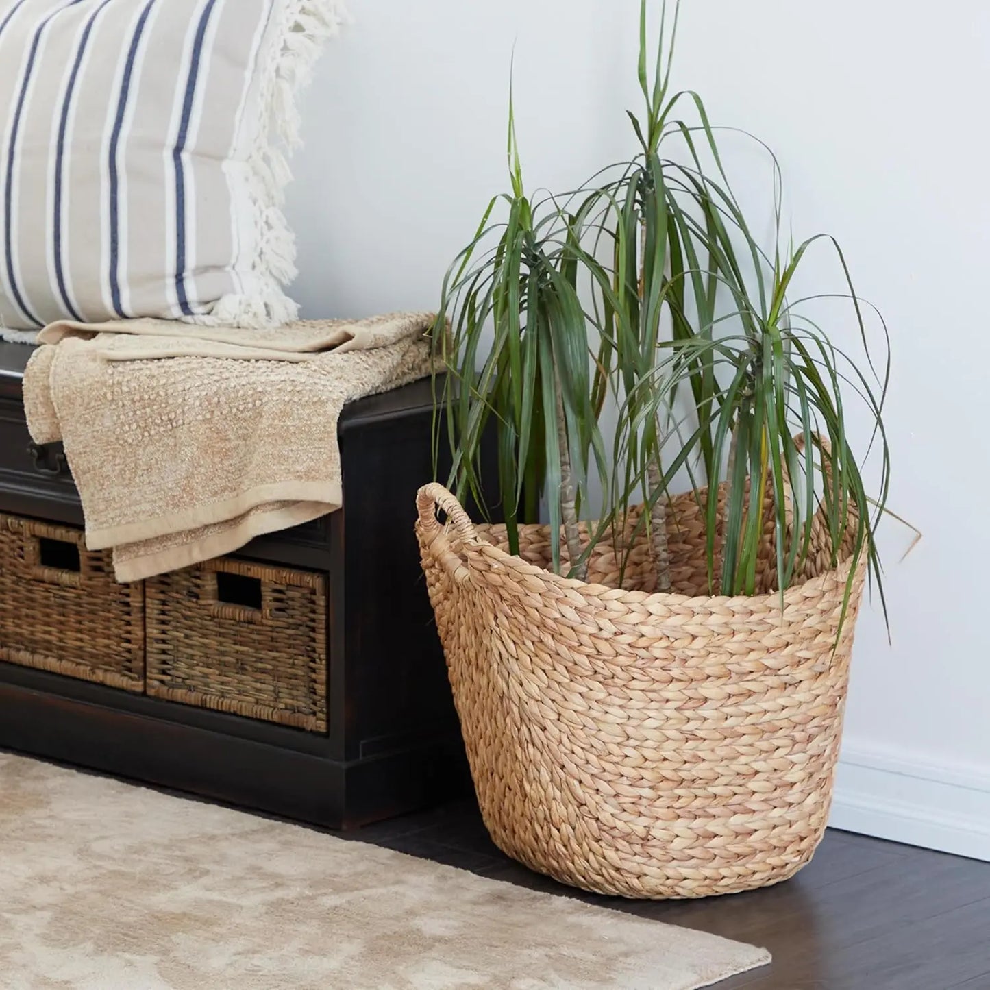 Seagrass Handmade Decorative and Functional Storage Basket Large Woven Basket Organizer with Ring Handles,