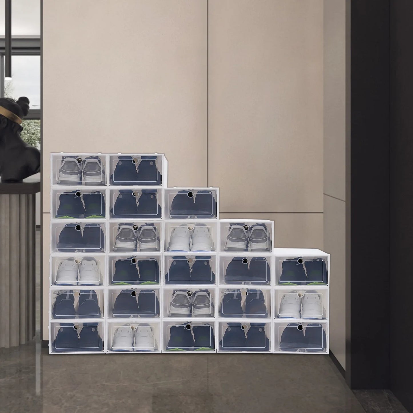 24 Pack Stackable Shoe Boxes, Plastic Shoe Boxes Foldable Reusable White with Lid for Small Spaces, Dorms, Small Equipment