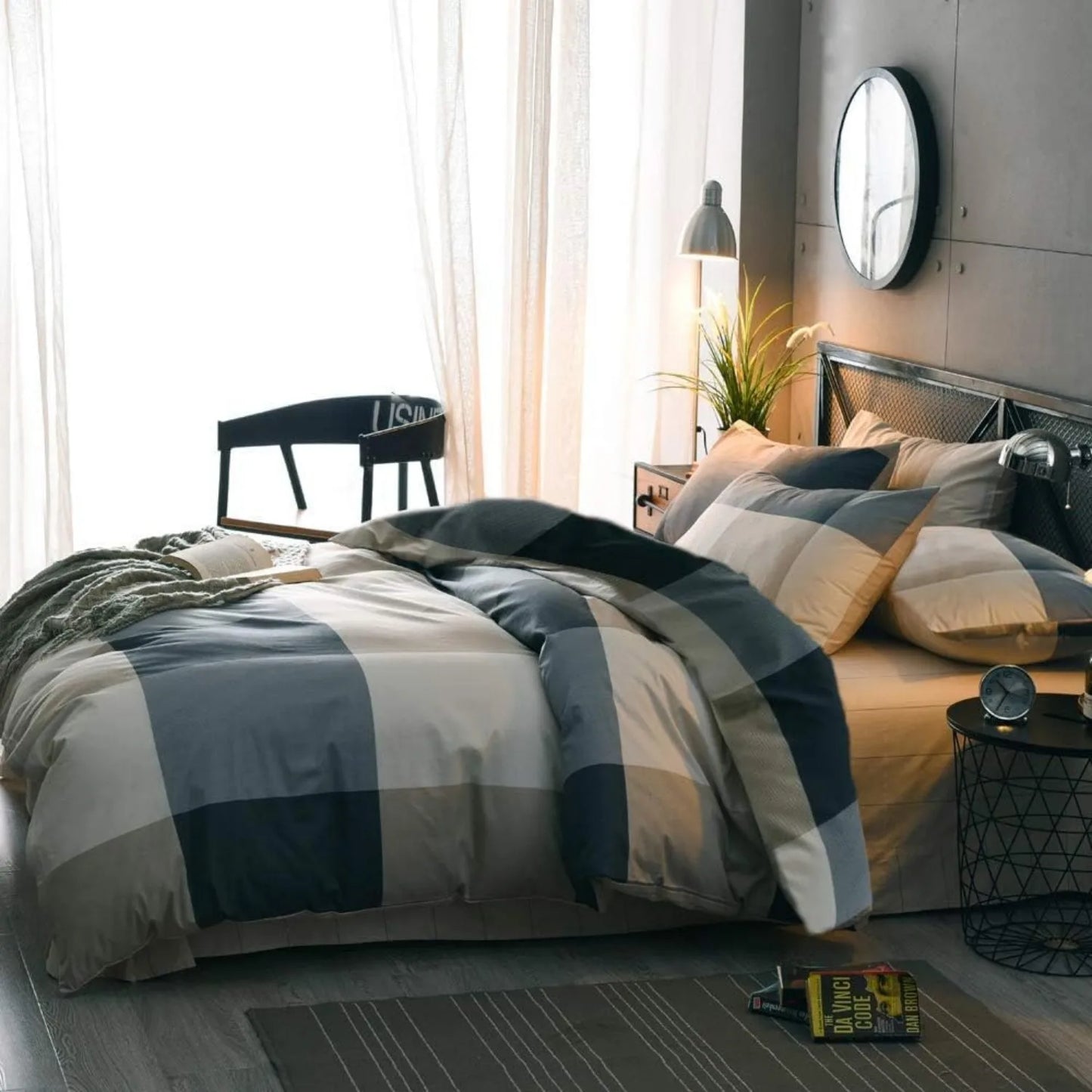 Queen Comforter Set Fluffy Plaid Checkered Pattern Comforter Set Modern Style Geometric Comforter with 2 Pillow Shams Grid Plaid