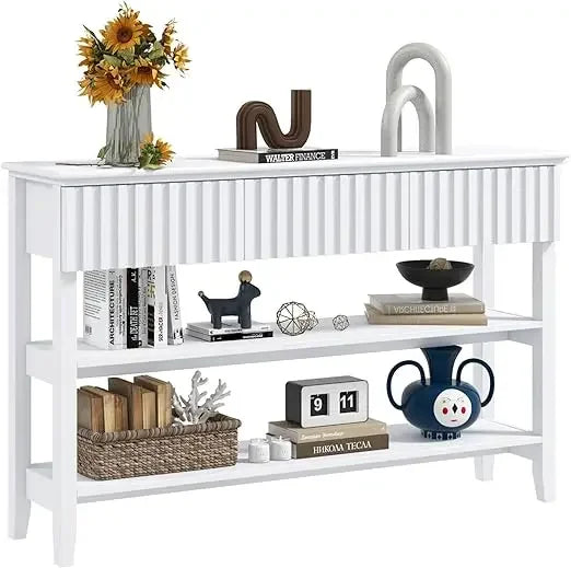 Painted Wood Console Table Narrow Long Sofa Table Modern Behind Couch Fluted Entryway Table with 3 Drawer