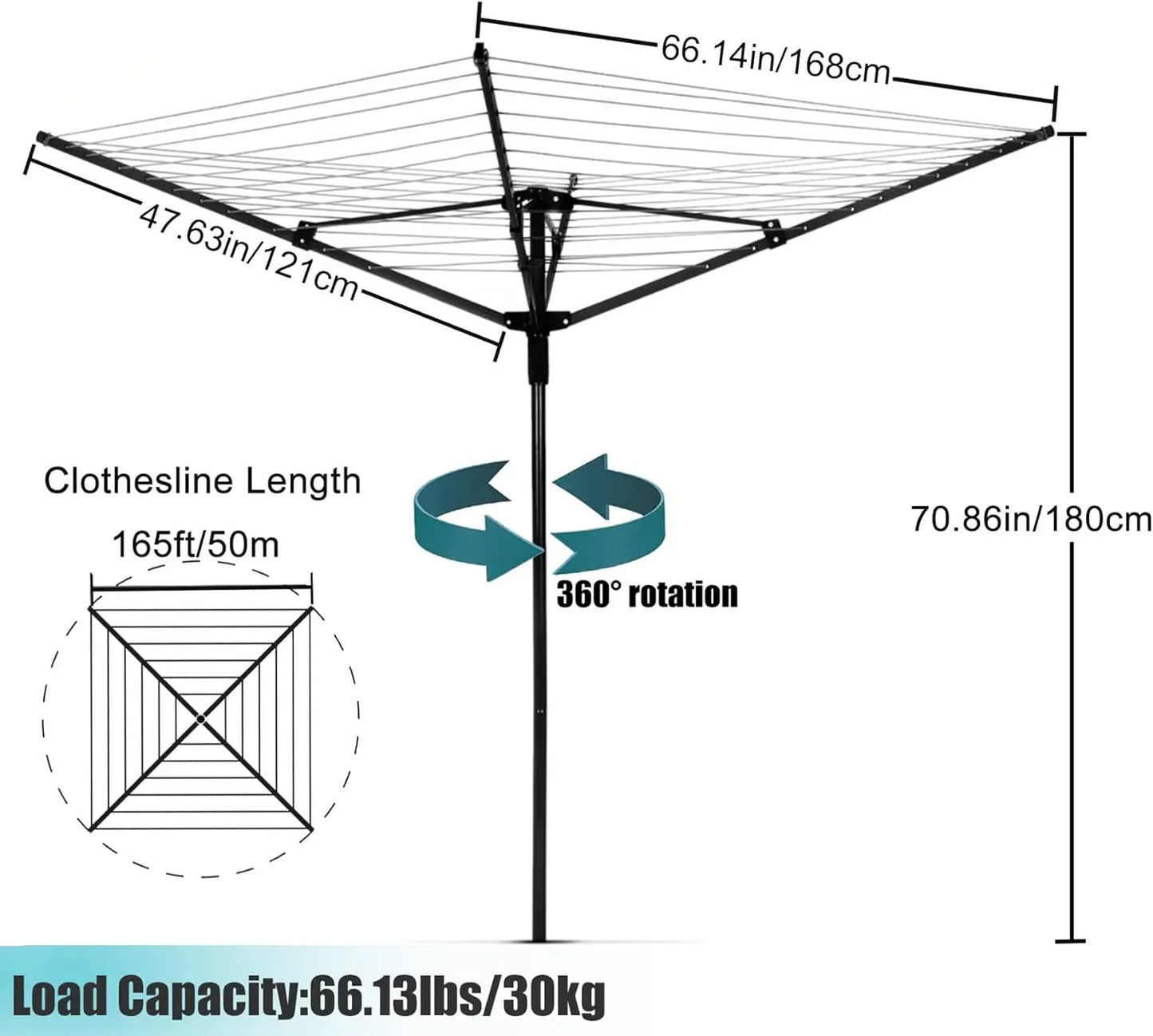 Rotary Outdoor Umbrella Drying Rack Umbrella Rotary Dryer Clothes Line Protective Cover 4 Arms with 165ft Clothesline Outdoor