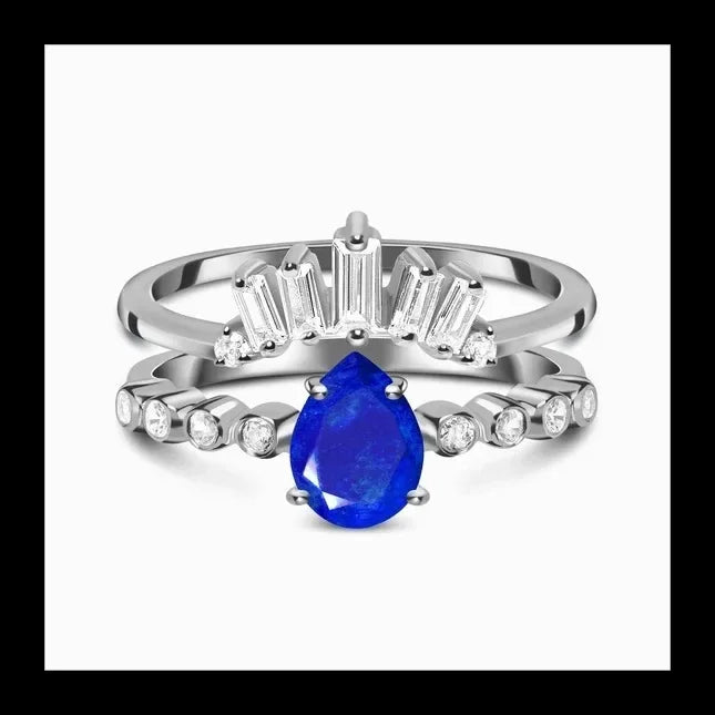 Silver Water Drop Sapphire Micro Zircon Double Ring Niche Design about Light Luxury Exquisite Jewelry