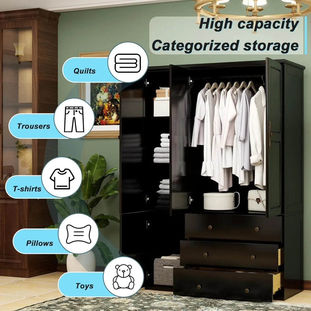 4-Door Solid Wood Armoire - Elegant Wardrobe with 2 Drawers & Dual Hanging Rods