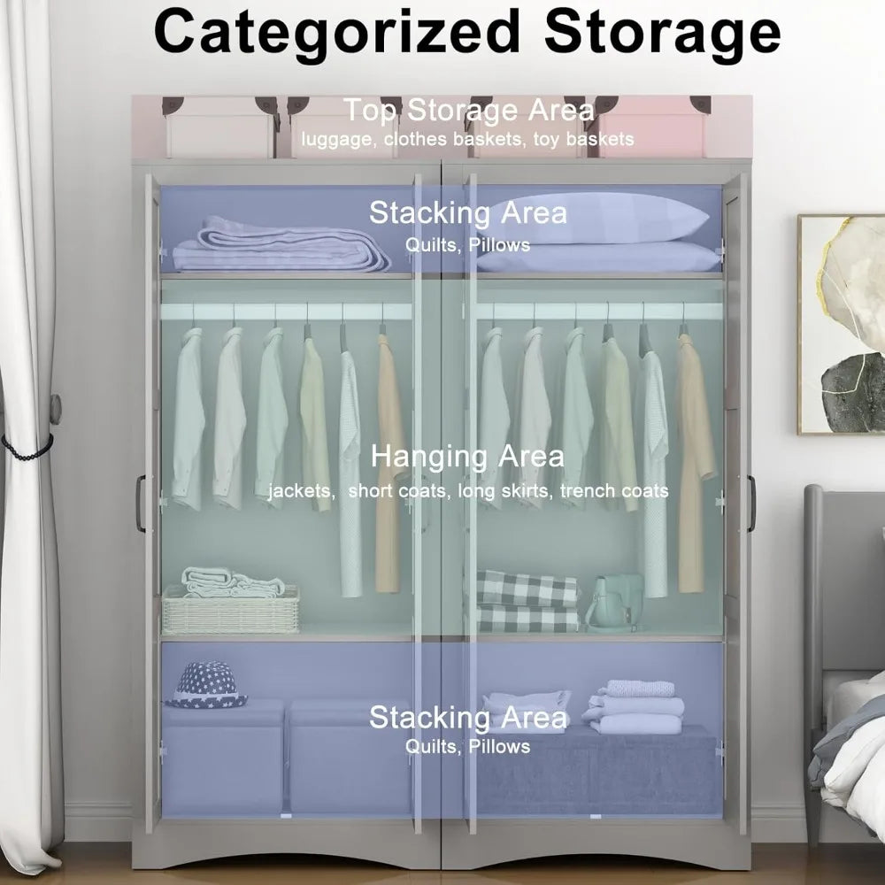Wardrobe Closet with 4 Doors, Wooden Modern Freestanding Armoire with Shelves and Hanging Rod, Clothes Organizer Cabinet for Bed