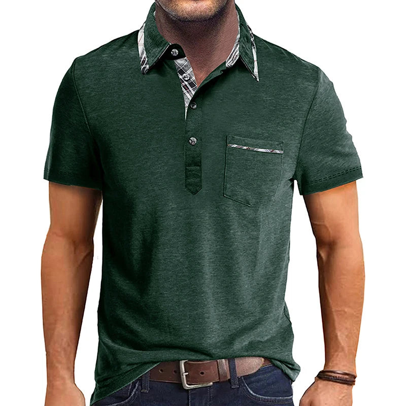 Men Short Sleeve T-Shirts Contrast Plaid Turn-Down Collar Buttons Business Casual Tops Summer Fashion Fit Shirts