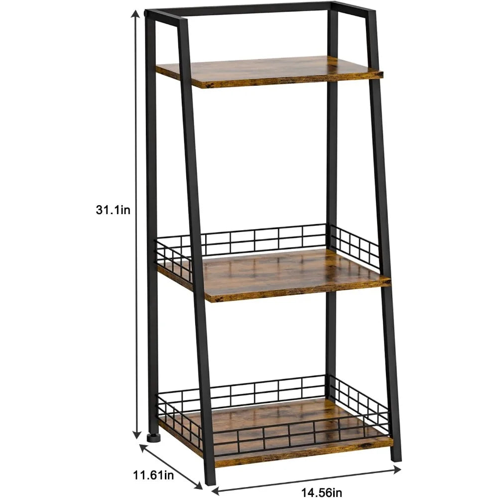 3-Tier Bathroom Shelf with Fence, Retro Bathroom Organizers and Storage Stand, Wood Shelving Unit with Metal Frames, Classic Ope