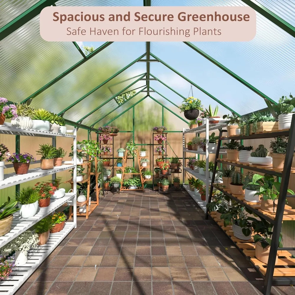 Greenhouse - 8x12 FT, Polycarbonate, Aluminum Frame, Roof Vent, Large Walk-in, Green