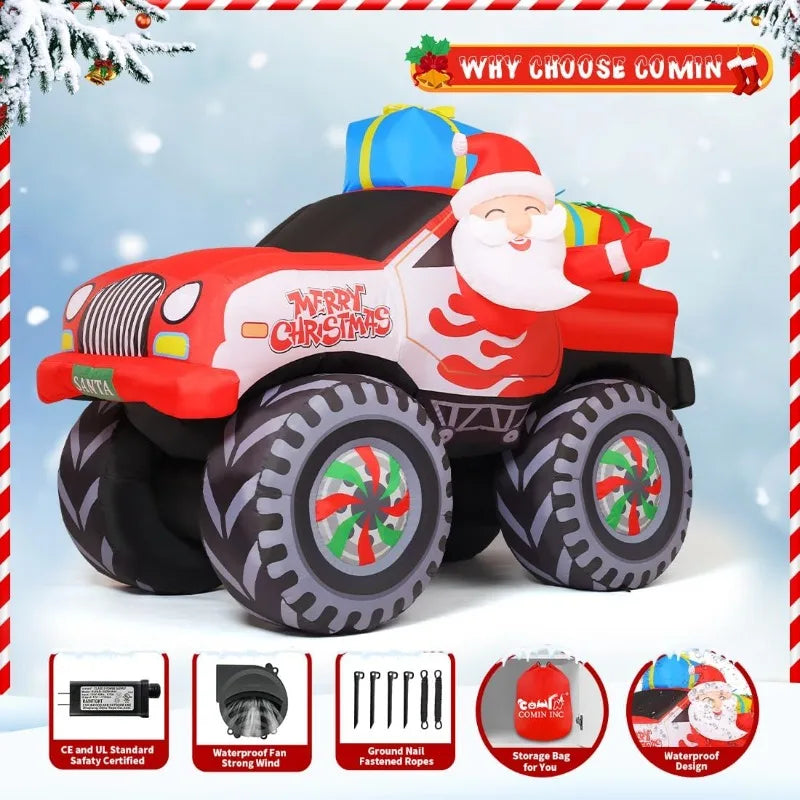 7.5 FT Length Christmas Inflatables Truck Outdoor Decoration Blow Up Santa Claus with Presents on Truck with Built-in LEDs
