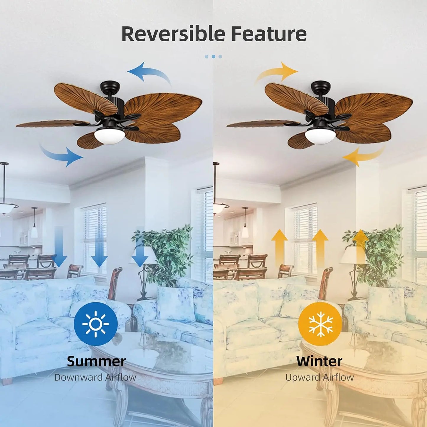 Tropical Ceiling Fan with LED Light and Remote Control 52 Inch Palm Reversible Fan with Memory Function 5 Leaf Blades- Walnut