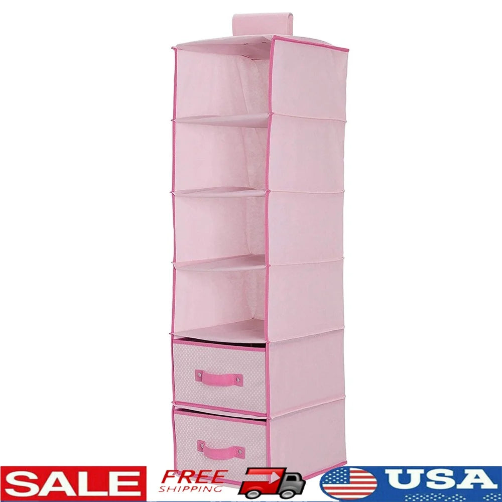 6-Shelf Hanging Storage Organizer with 2 Removable Drawers Baby Clothes Toys Nursery Essentials Vertical Space Saver