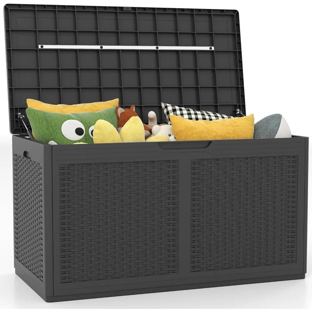 100 Gallon Outdoor Storage Box, Lockable Outdoor Storage Bench with 2 Smooth Wheels, Faux Rattan Surface, Waterproof Resin Deck