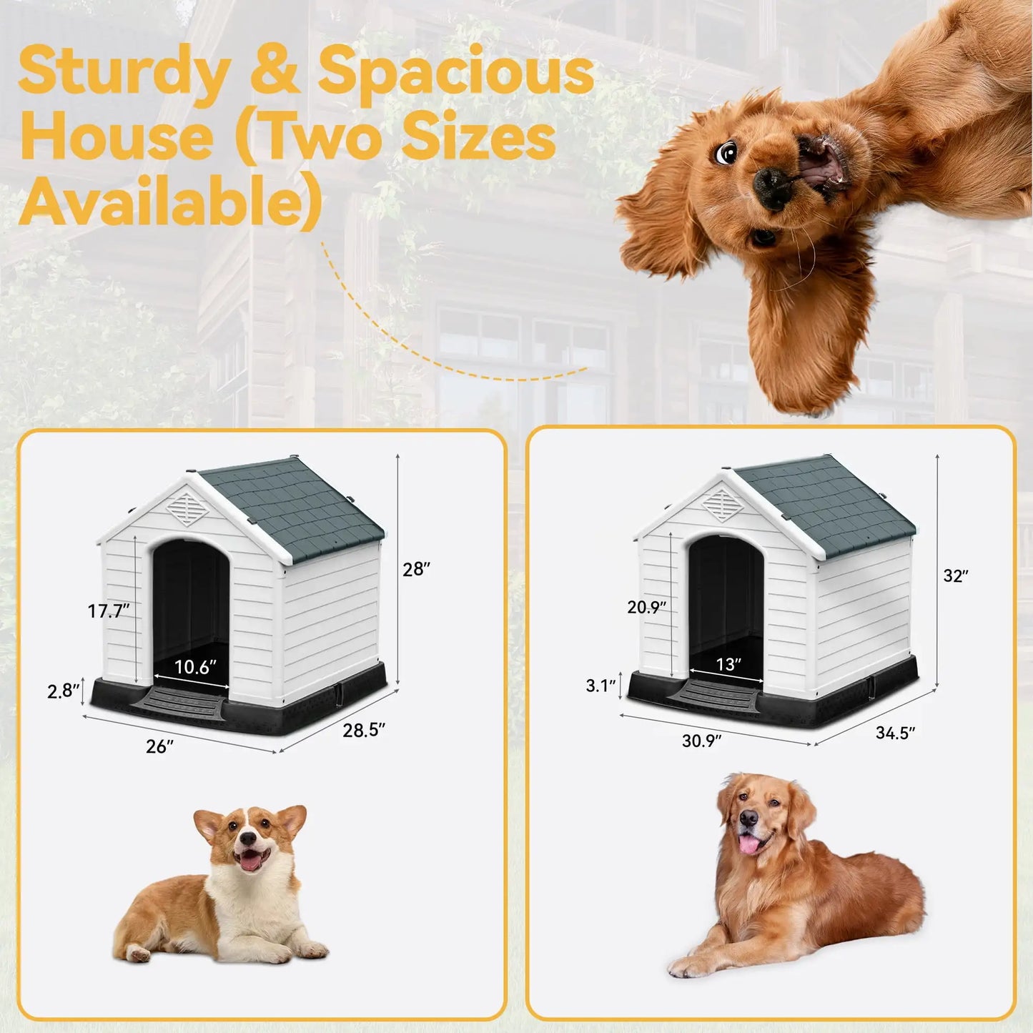 28" Plastic Dog House, Waterproof with Elevated Floor & Air Vents, Easy Clean & Assemble, Gray
