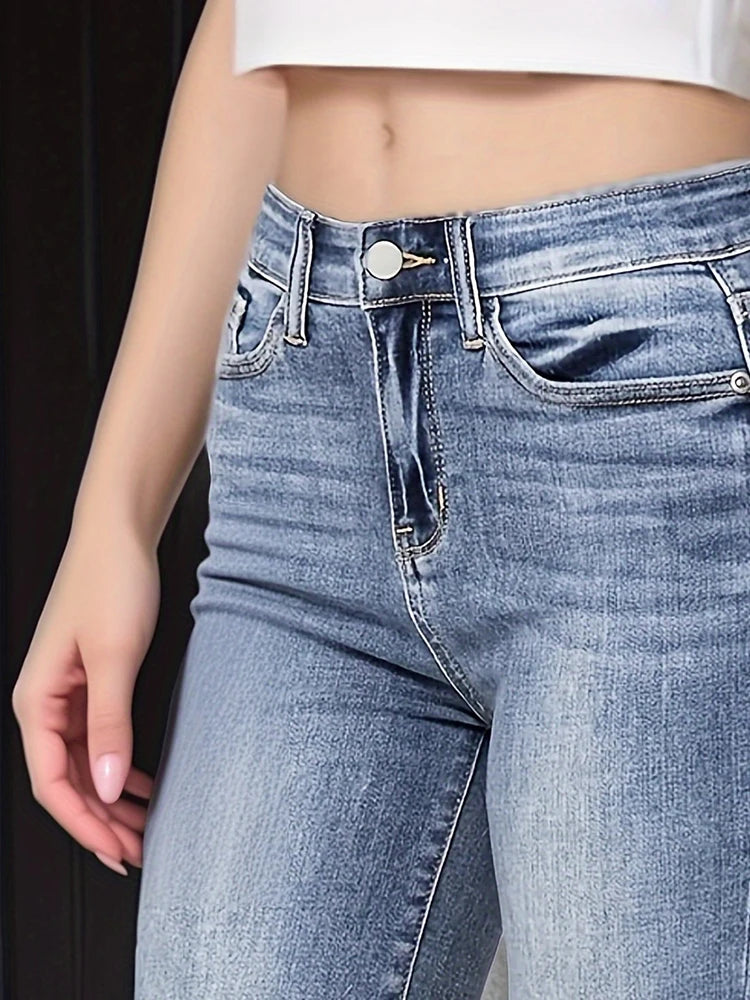Summer New Women's Mid-Waist Denim Shorts Elastic Straight Slim Jeans Curled Design Shorts